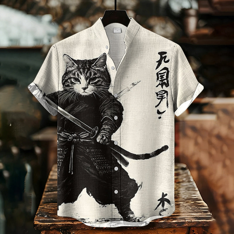 Men's Vintage  Japanese Art  Cat Print Casual Shirt
