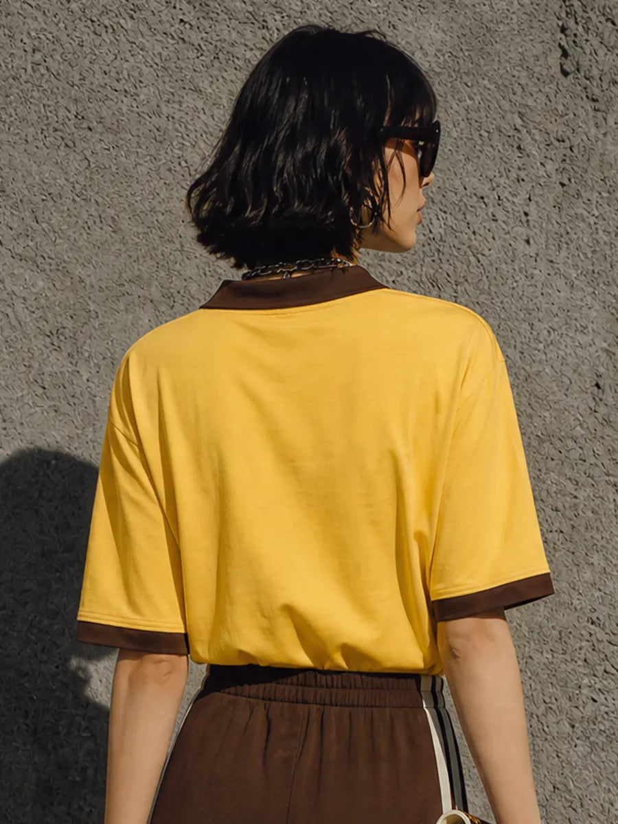 Women's Retro Casual Yellow Brown Cotton Blend Contrast Collar Short Sleeve Top MDZ2001G3GMJ