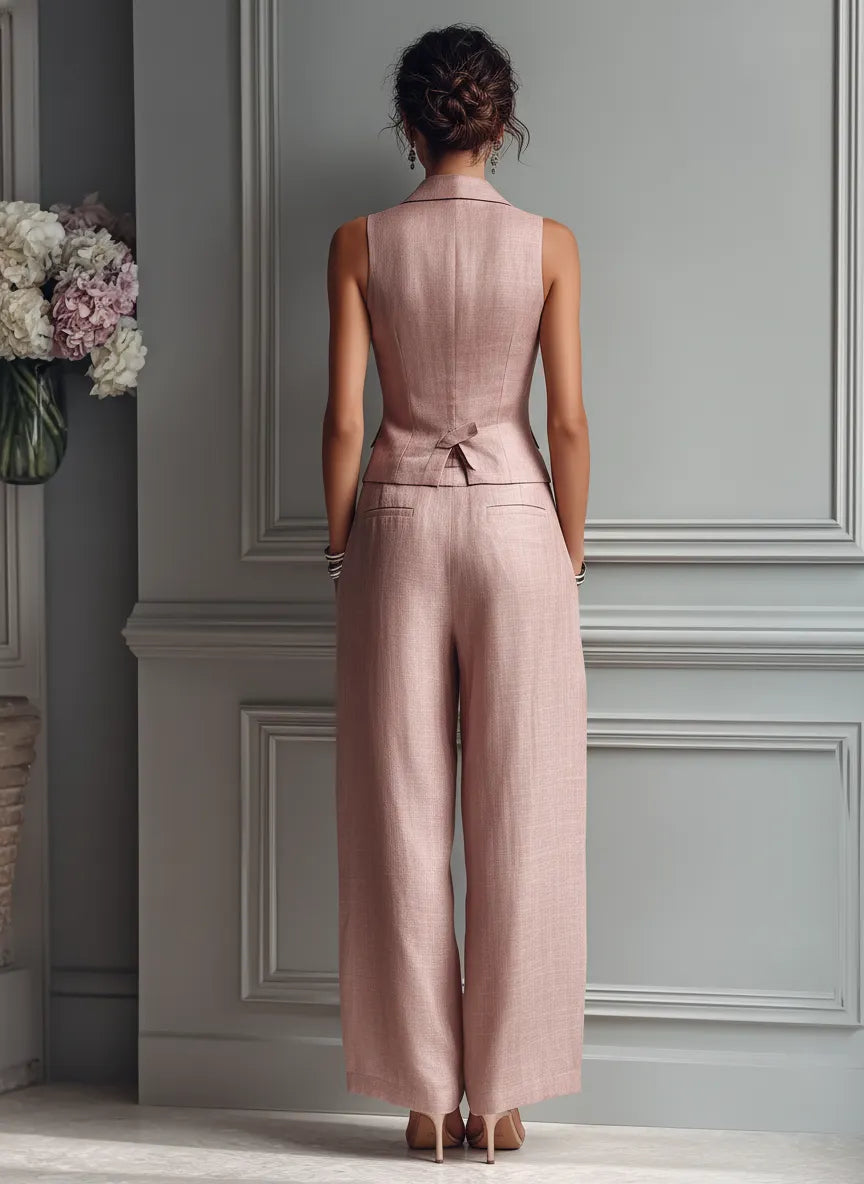 Women's Blush Pink Linen Fabric Sleeveless Vest & Wide-Leg Pants Two-Piece Set With Lapel Collar MDZ3005A5T