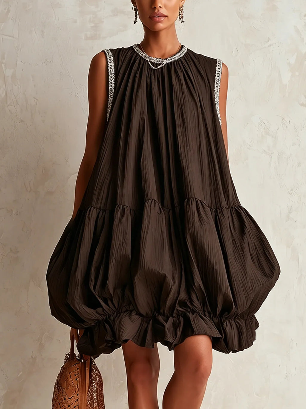 Brown Sleeveless Bubble Hem Mini Dress