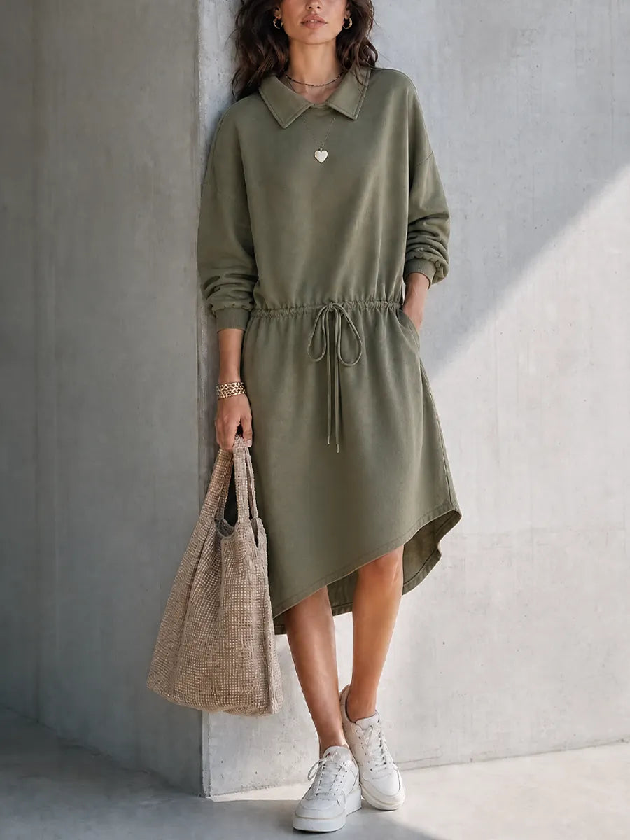Women's Casual Workwear Style Army Green Cotton Blend Lapel Long Sleeve Drawstring Waist Midi Dress MDZ0726G9GMJ