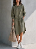 Women's Casual Workwear Style Army Green Cotton Blend Lapel Long Sleeve Drawstring Waist Midi Dress MDZ0726G9GMJ
