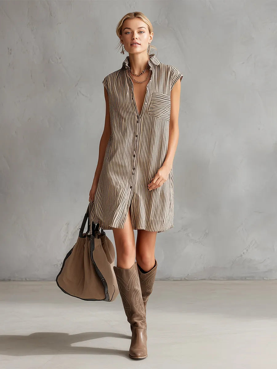 Elegant And Casual Khaki Striped Collared Front Button Sleeveless Mini Dress