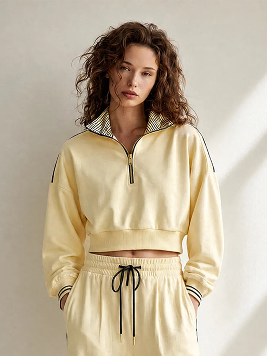 Women's Casual Sporty Light Yellow Half-Zip Collared Long-Sleeve Cropped Sweatshirt & Wide-Leg Trouser Set MDZ2127G6CMX