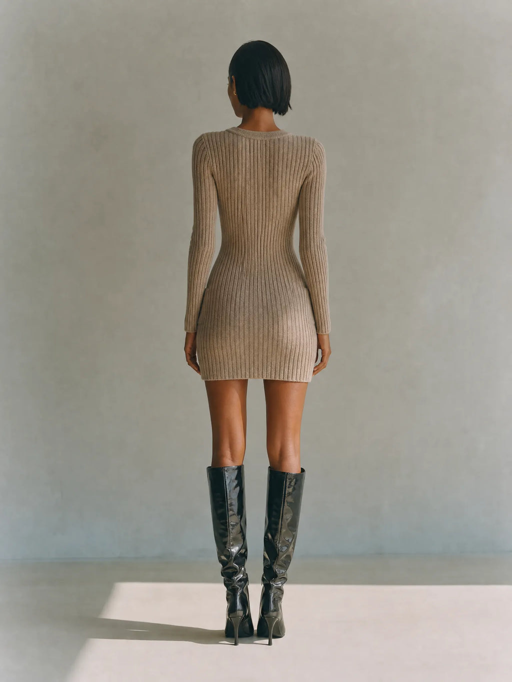Women's Minimalist Taupe Ribbed Knit Button-Front Long Sleeve Mini Sweater Dress MDZ1675G6ZSQ