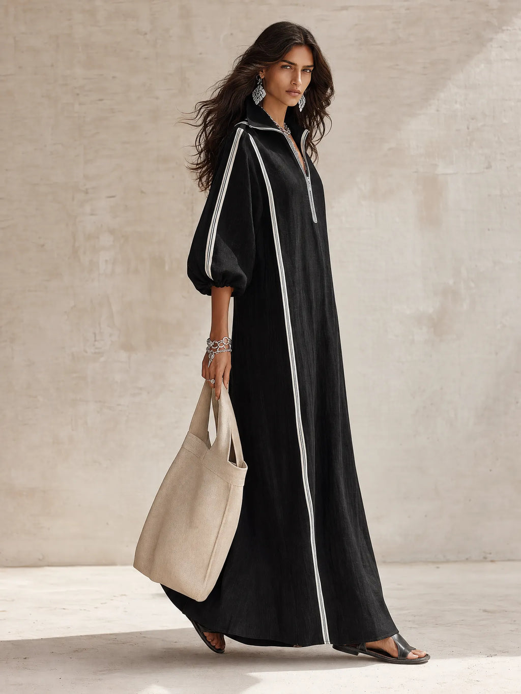 Women's Zip Collar Contrast Striped Long Sleeve Maxi Dress