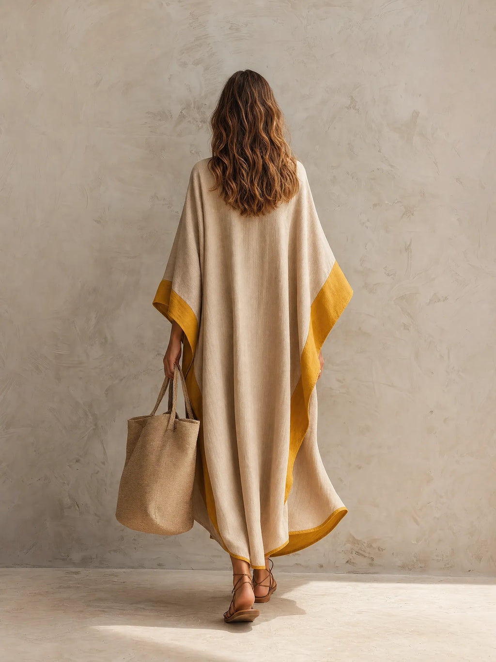 Women's Casual Khaki Cotton-linen Maxi Dress With A Round Neck And Batwing Sleeves MDZ0647G5LXY