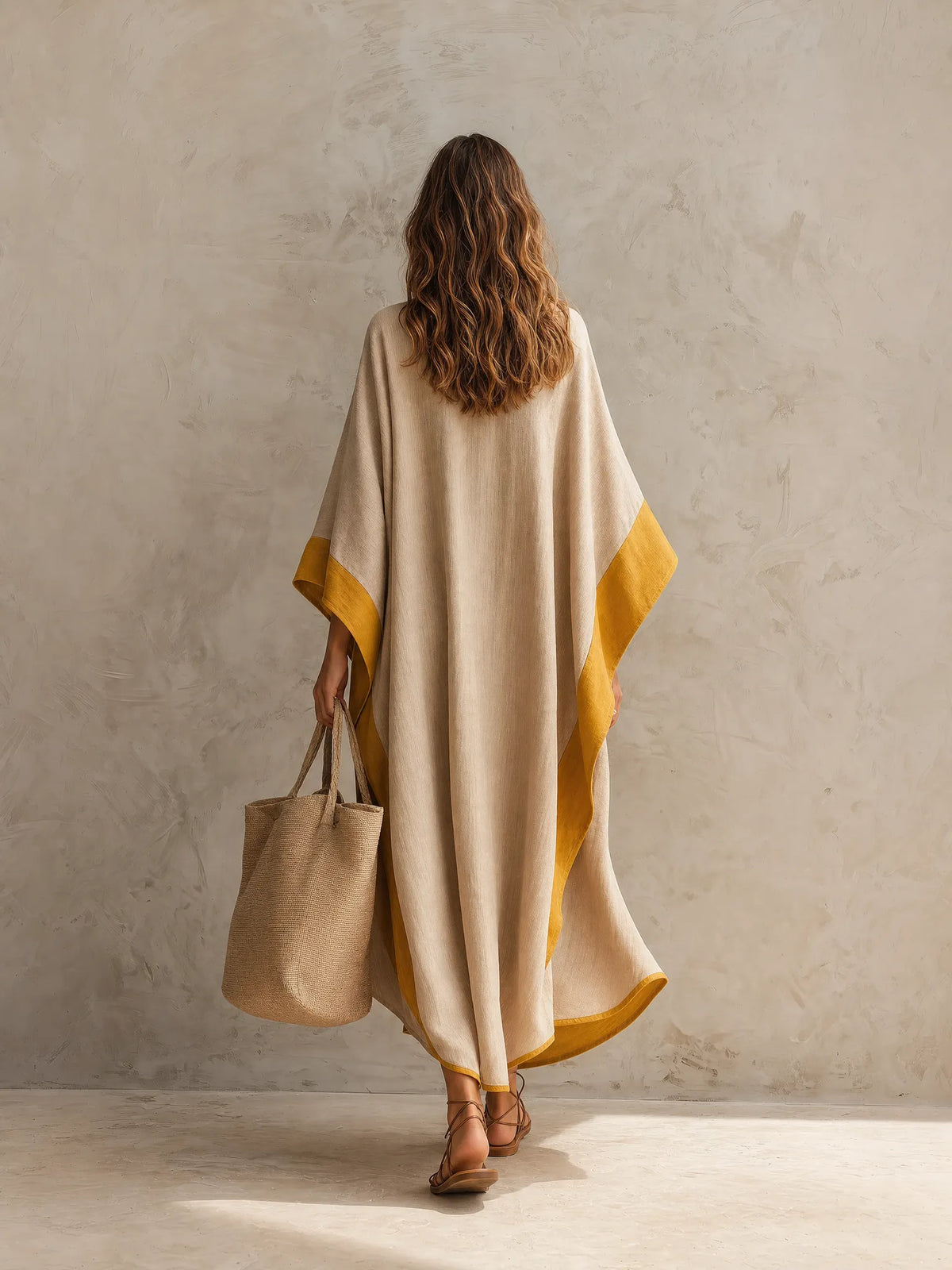 Women's Casual Khaki Cotton-linen Maxi Dress With A Round Neck And Batwing Sleeves MDZ0647G5LXY