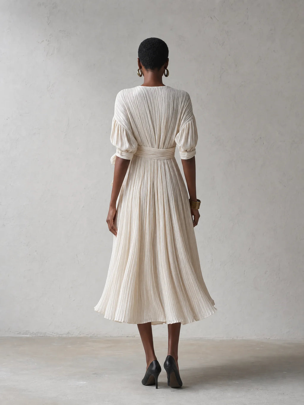 Women's Elegant Ivory Pleated Wrap V-Neck Tie Waist Batwing Sleeve Pleated Midi Dress MDZ1370G0ZSQ