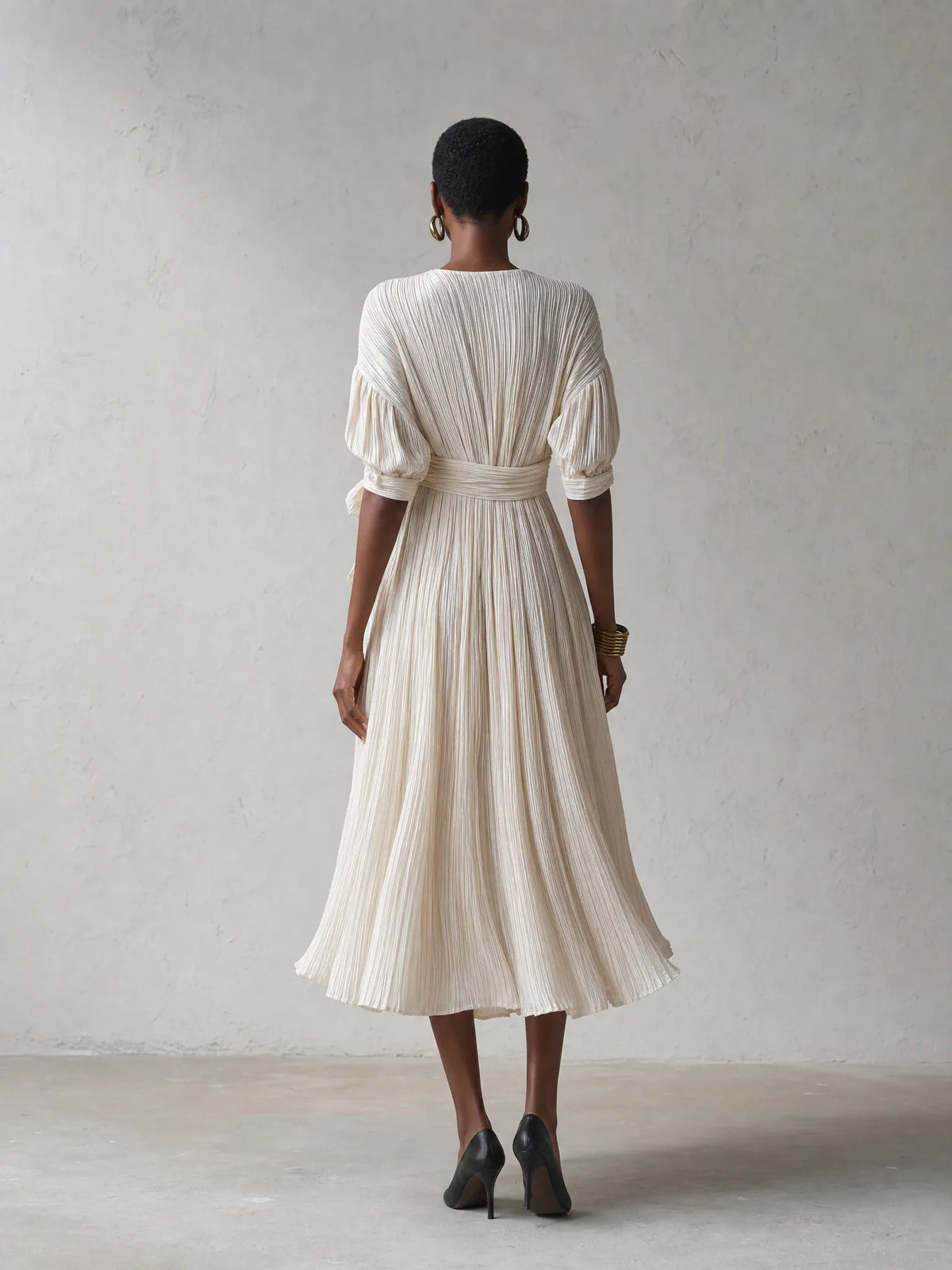 Women's Elegant Ivory Pleated Wrap V-Neck Tie Waist Batwing Sleeve Pleated Midi Dress MDZ1370G0ZSQ
