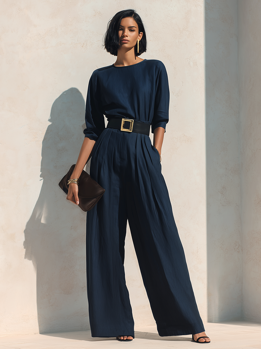 Women's Minimalist Solid Navy Linen Round Neck Wide-Leg Jumpsuit MDZ1643G9ZRK