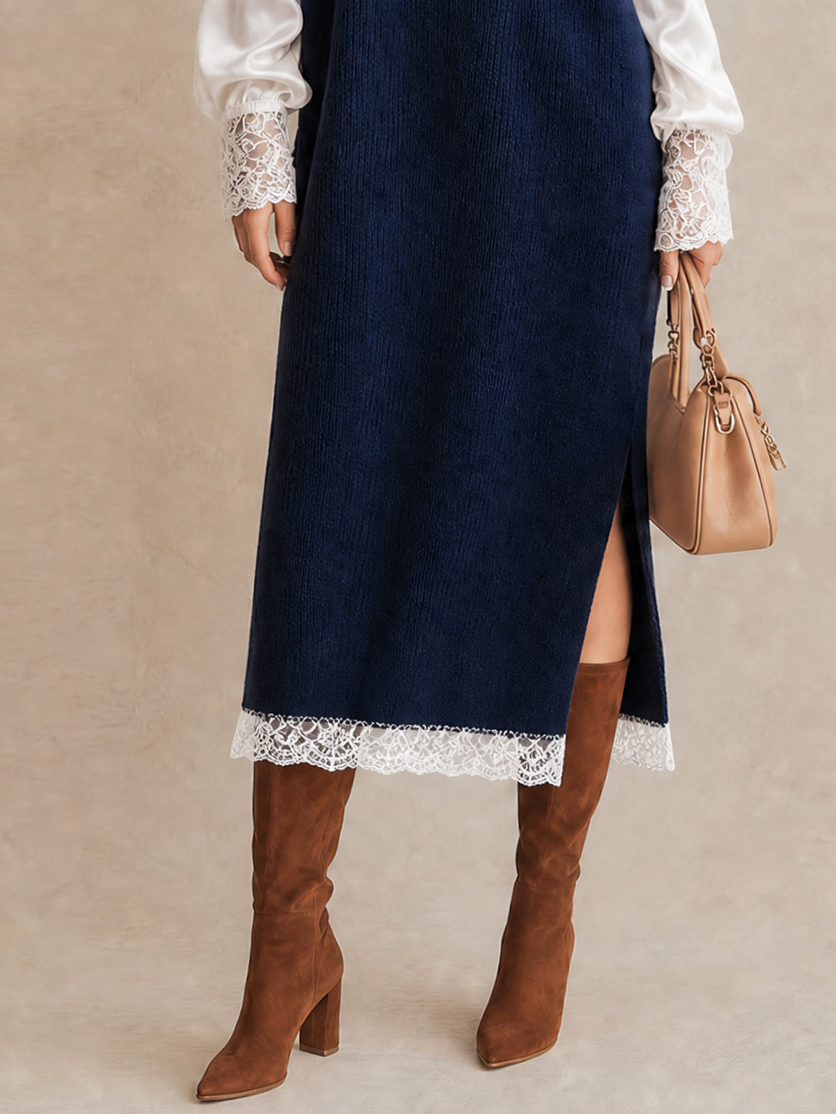 Navy Layered Lace Trim Knit Midi Dress