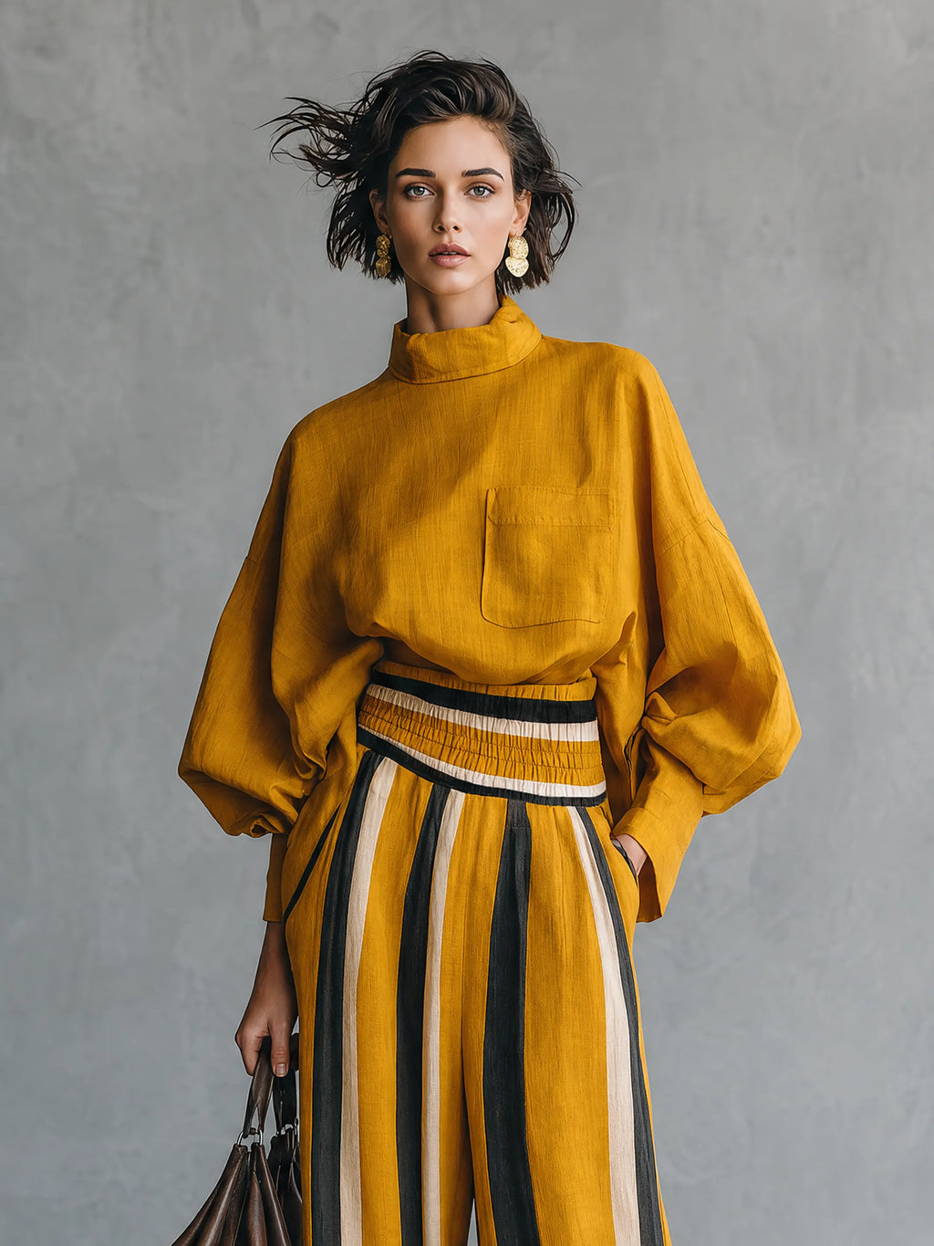 Women's Minimalist Linen-blend Mock-neck Lantern-sleeve Blouse MDZ0834G4WY