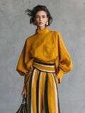 Women's Minimalist Linen-blend Mock-neck Lantern-sleeve Blouse MDZ0834G4WY