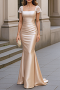 Formal Wedding Guest Dress Gold Square Neck Satin Maxi Dress