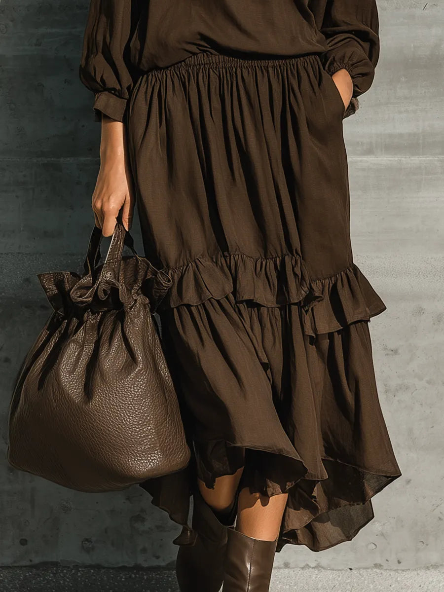 Women's Dark Brown Cotton Blend Mock Neck Balloon Sleeve Top Ruffle Tiered Drawstring Waist Midi Skirt Two Piece Set MDZ1537G8YZJ