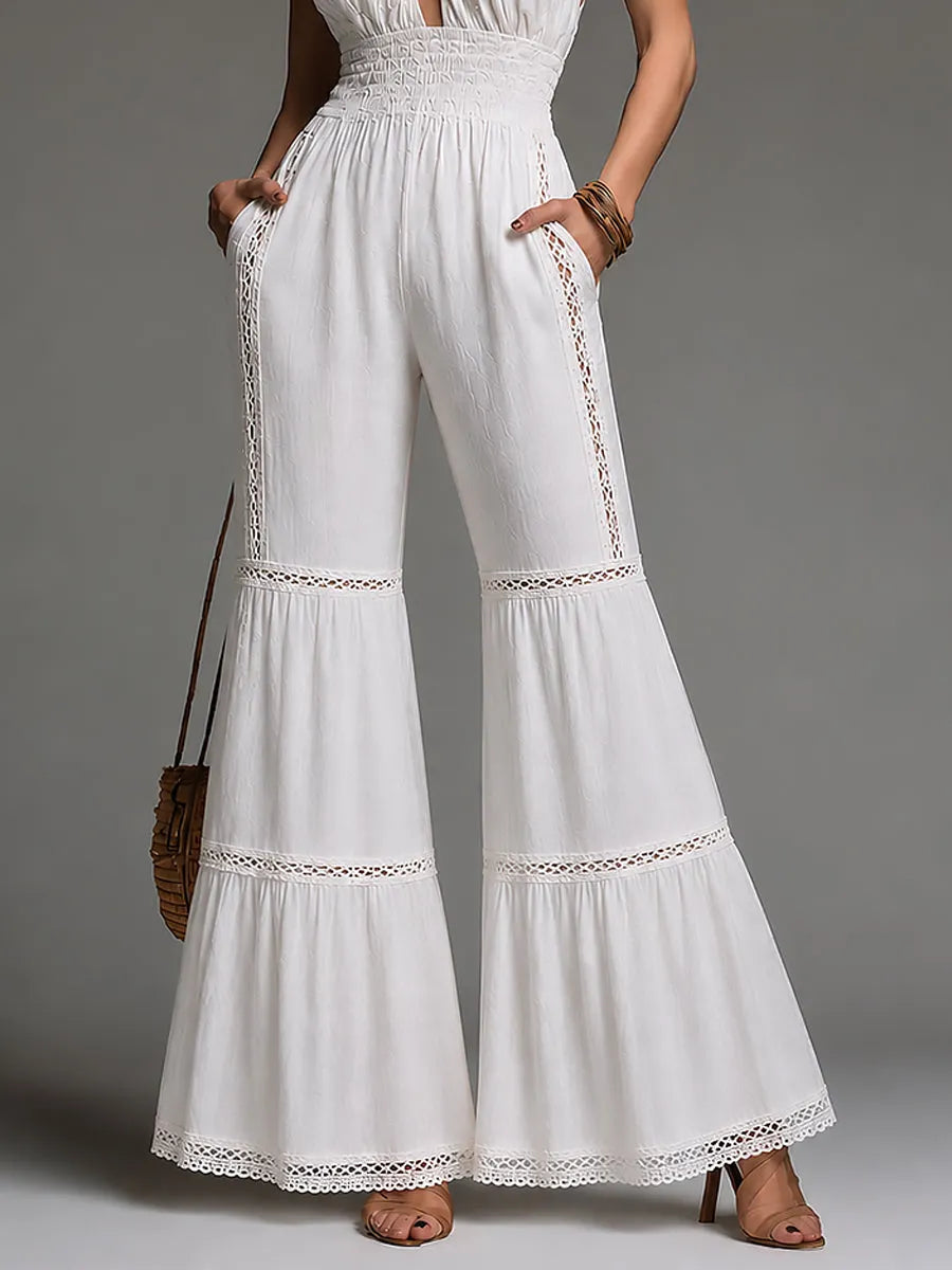 Retro Halter-neck Lace Trim Cotton-linen Ruffled Hem Jumpsuit