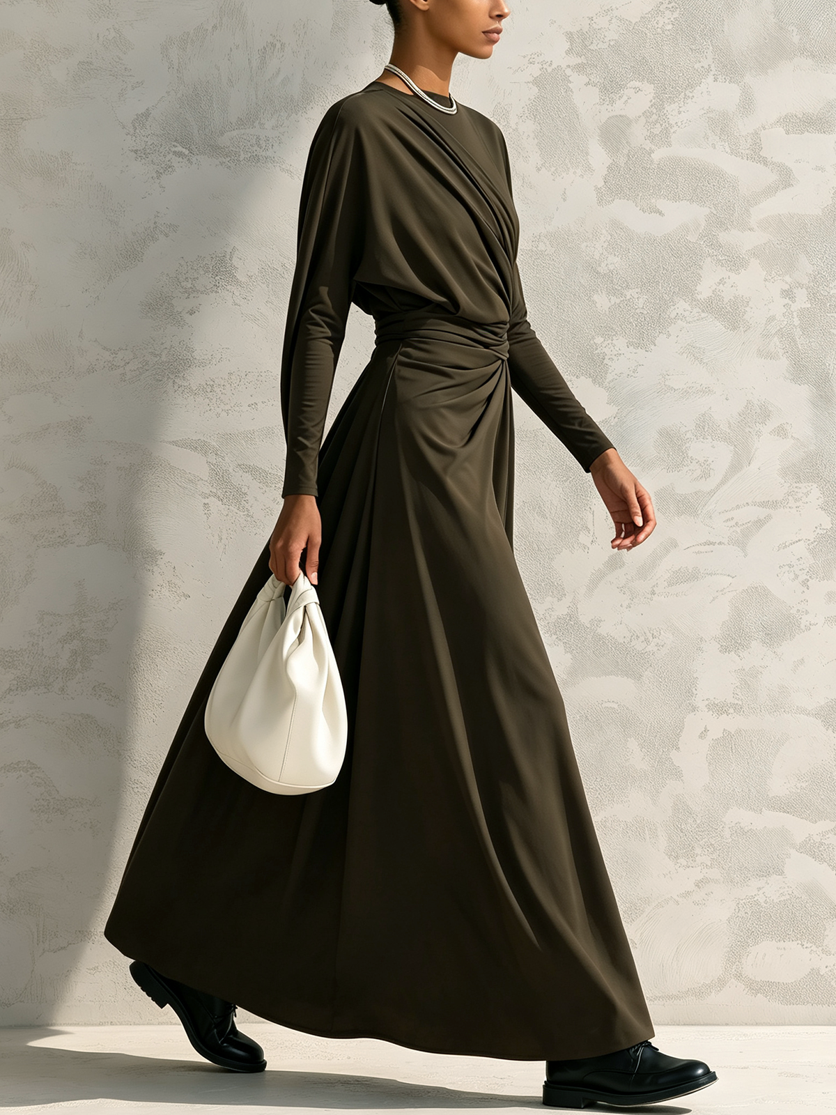 Olive Green Draped Asymmetrical Maxi Dress