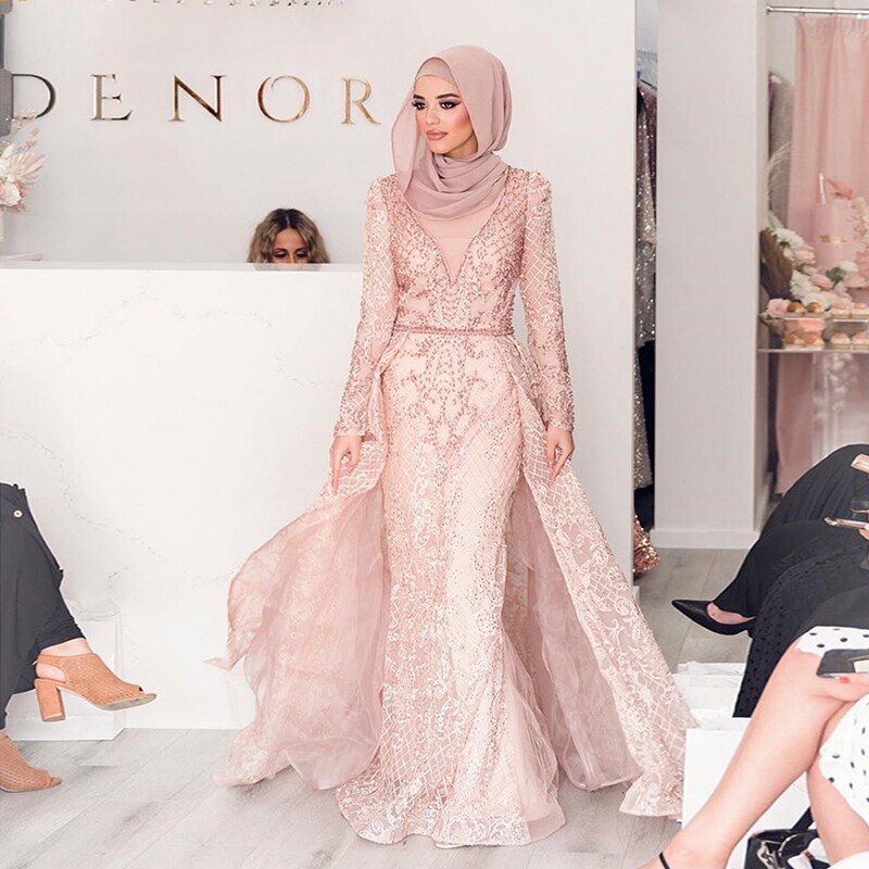 Dreamy Vow Luxury Pink Overskirt Arabic Muslim Dubai Evening Dress for Women Wedding Party Plus Size Blue Formal Gowns 062