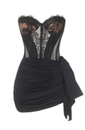 Strapless Lace Corset Draped Dress Black