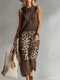 Elegant Brown Leopard Print Mesh Breathable Knit Sleeveless Maxi Dress