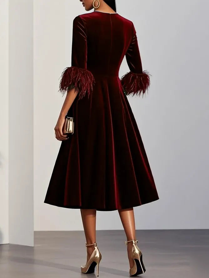 Dark Blue Feather-trimmed Velvet Round Neck Short-sleeved A-line Midi Dress