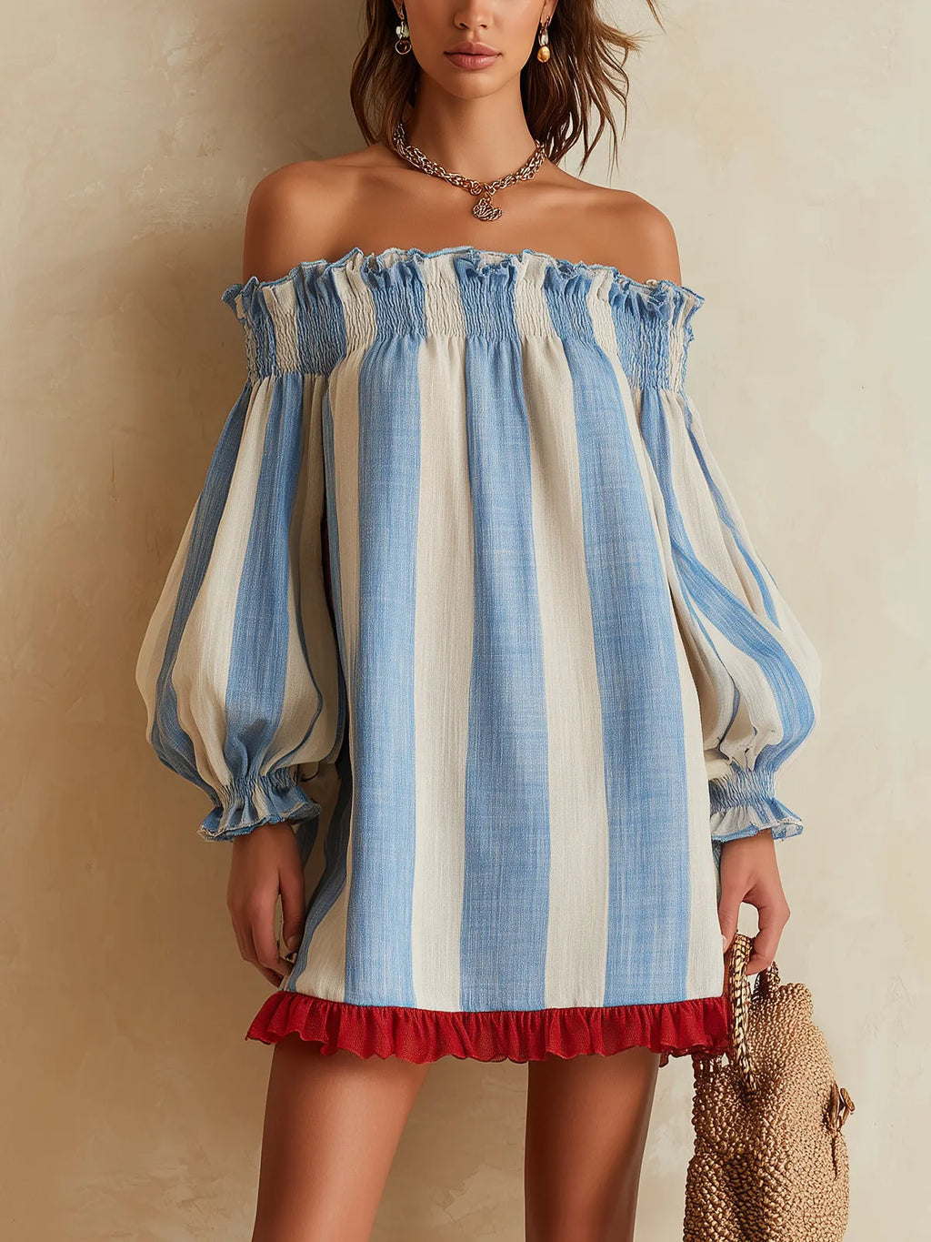 Blue And White Striped Off-Shoulder Mini Dress With Red Ruffle Hem