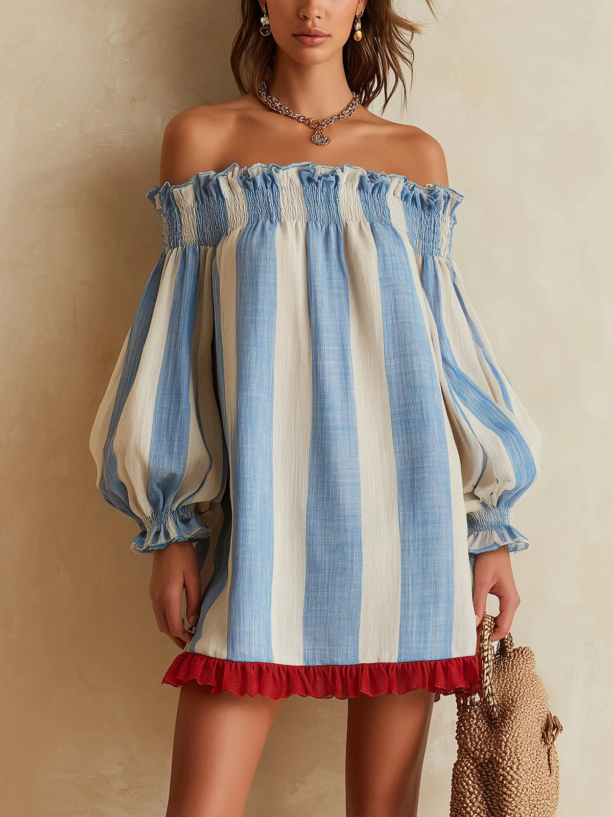 Blue And White Striped Off-Shoulder Mini Dress With Red Ruffle Hem