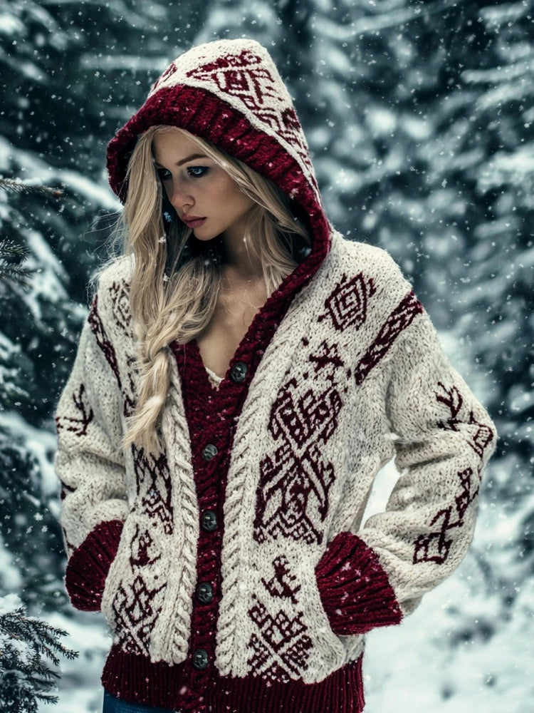 Viking Inspired Celtic Jacquard Chunky Hooded Cardigan