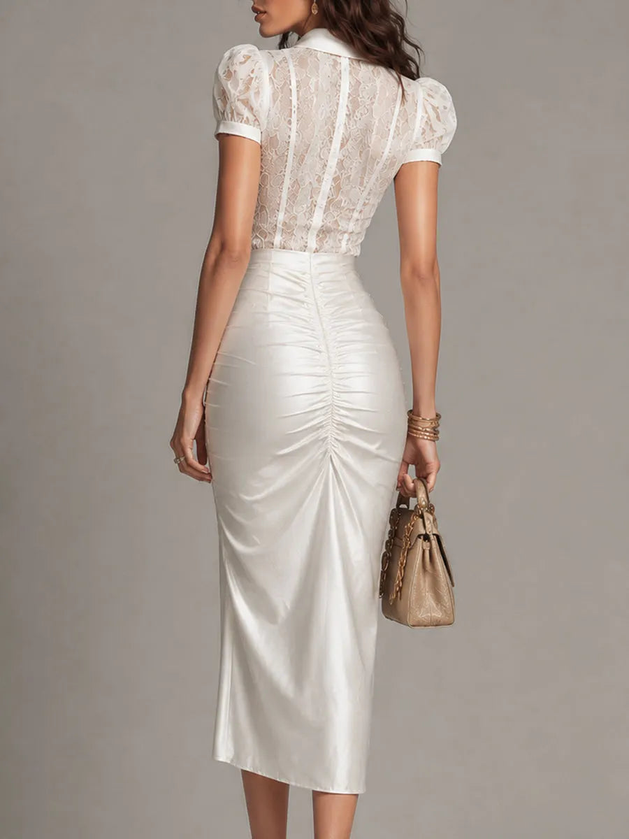 Elegant Lace-Trimmed Shirt-Collar Midi Dress With High Slit