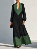 Women's Minimalist Black & Green Color-Block Linen Maxi Dress MDZ0715G1ZRK