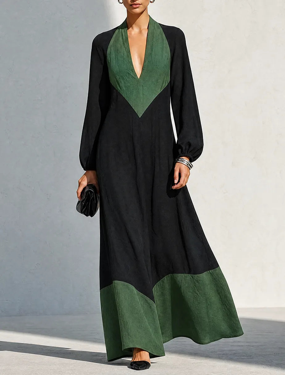 Women's Minimalist Black & Green Color-Block Linen Maxi Dress MDZ0715G1ZRK