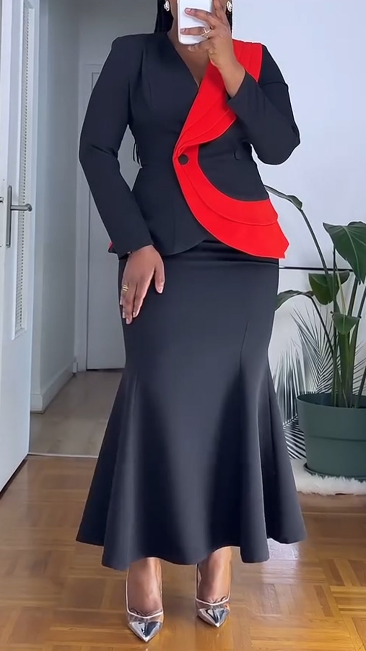 Women V-neck Splicing Color Blocking Blazer + Half Skirt Temperament Commuting Set