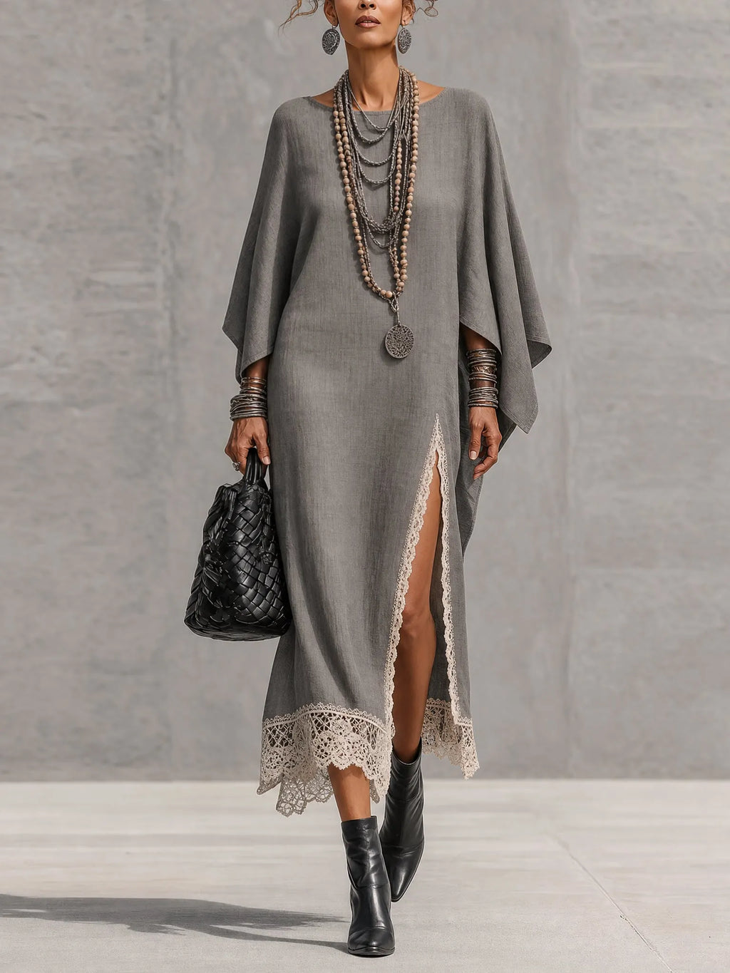 Gray Linen Blend Asymmetrical Long Sleeve Maxi Dress With Lace