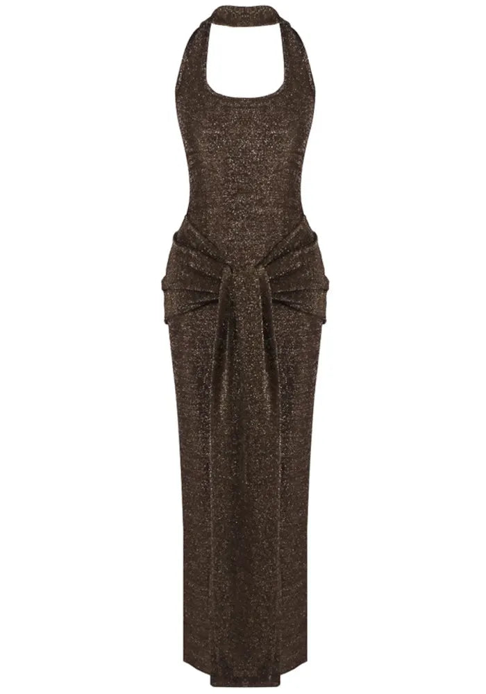 Halter Sparkly Maxi Dress Brown