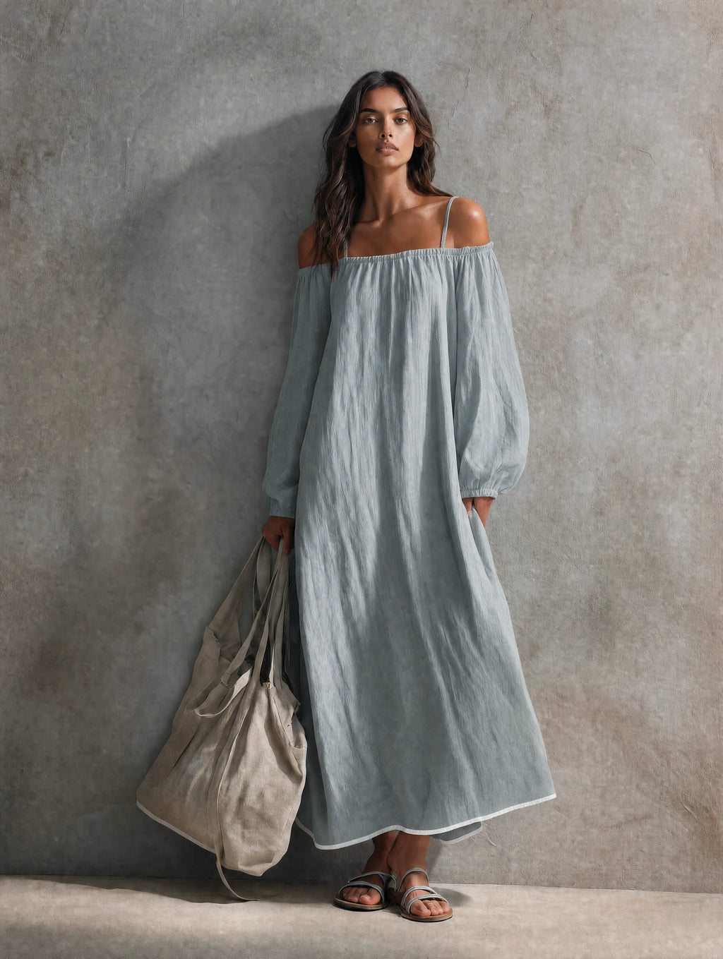 Women's Casual Light Grey-blue Cotton-linen Maxi Dress With Spaghetti Straps, Off-shoulder Design, And Long Sleeves MDZ0266G4LXY