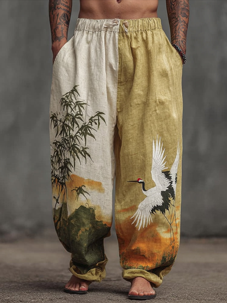 Men's Japanese Style Crane And Bamboo Forest Retro Linen Trousers