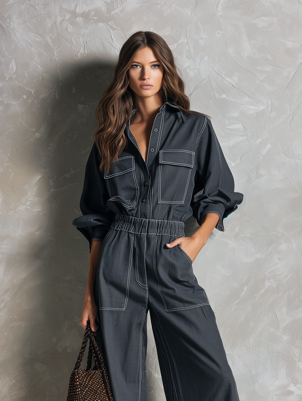 Women's Casual Dark Gray Cotton-linen Long-sleeve Shirt Jumpsuit MDZ2452G0LXY