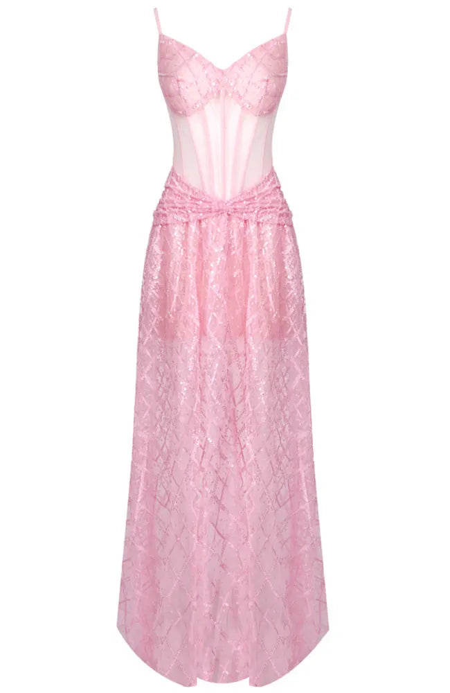 Sequin Structured Bustier A Line Maxi Dress Pink