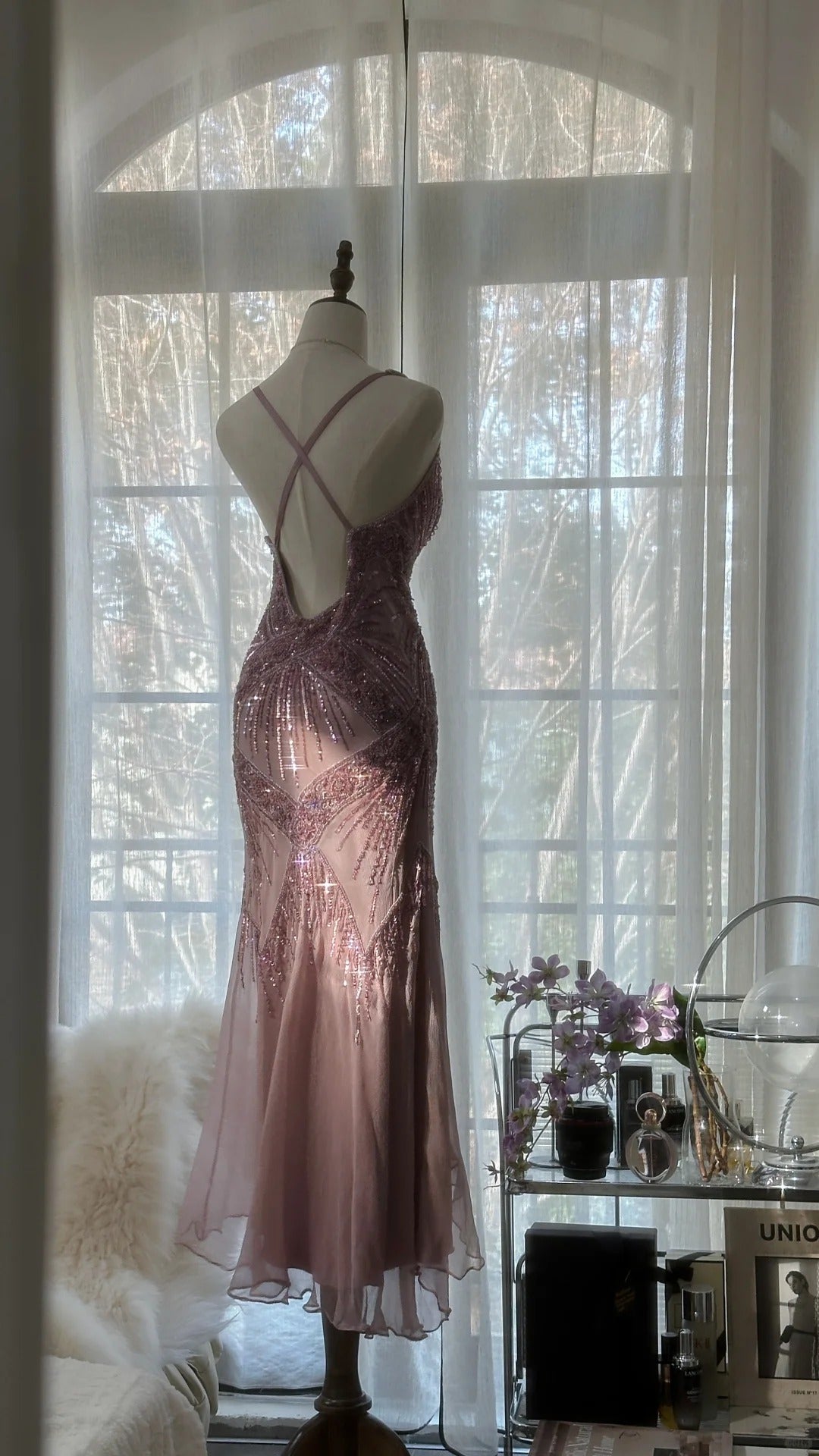 Pink Purple Romantic Fashion Elegant Exquisite Beaded Spaetti Strap Long Tulle Chiffon Ruffle Ball Gown Evening Gown Party Dress 4059