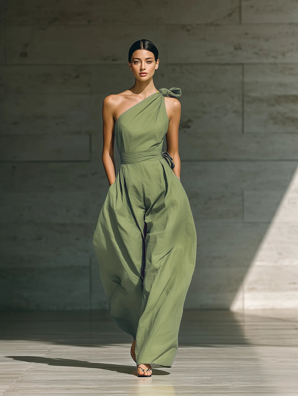 Women's Light Green Cotton And Linen Blend One-Shoulder Wide-Leg Jumpsuit With Tie Waist MDZ3136A8T
