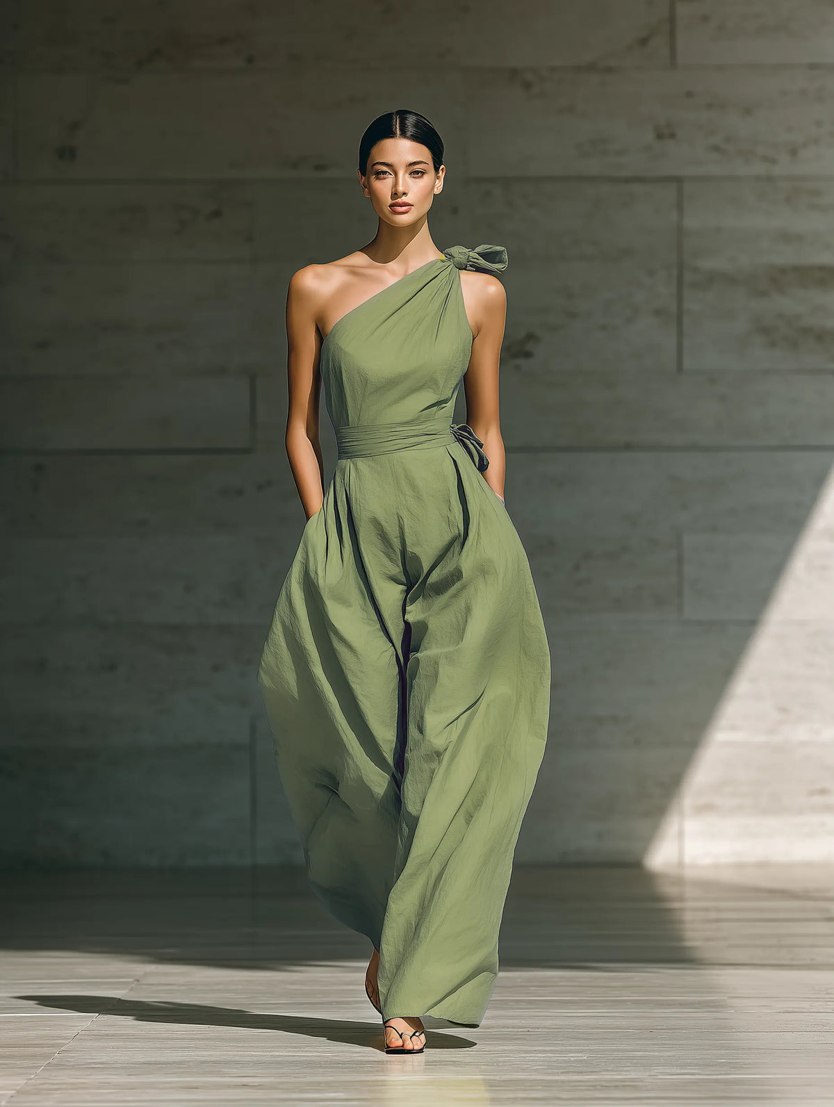 Women's Light Green Cotton And Linen Blend One-Shoulder Wide-Leg Jumpsuit With Tie Waist MDZ3136A8T