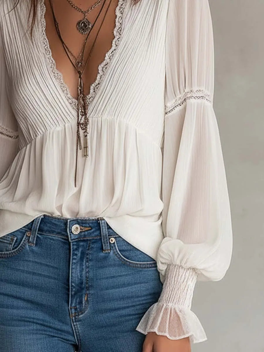 Retro Pleated-Chest Lace Trim Chiffon Blouse