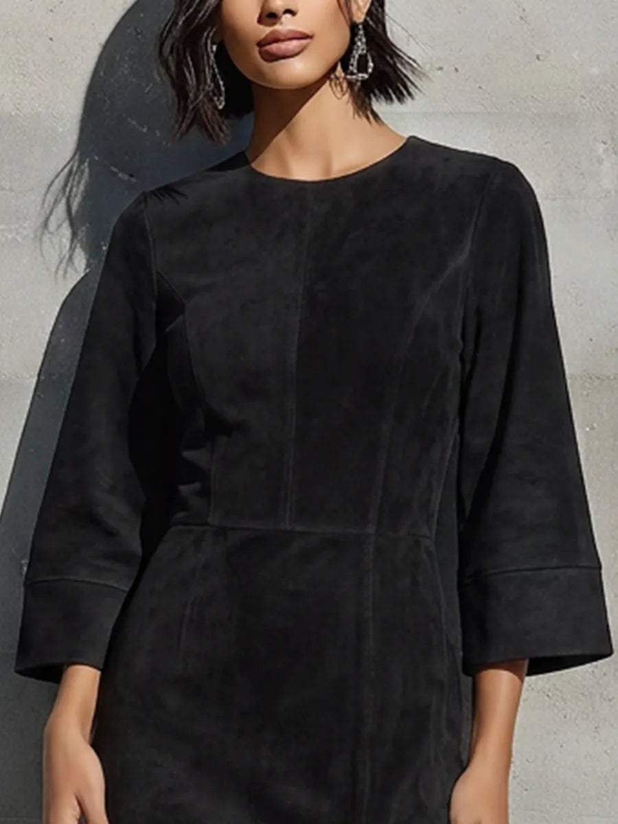 Women’s Black Faux Suede Crew Neck Flare Three Quarter Sleeve Lace Trim Front High Slit Midi Bodycon Dress MDZ0762G2YZJ