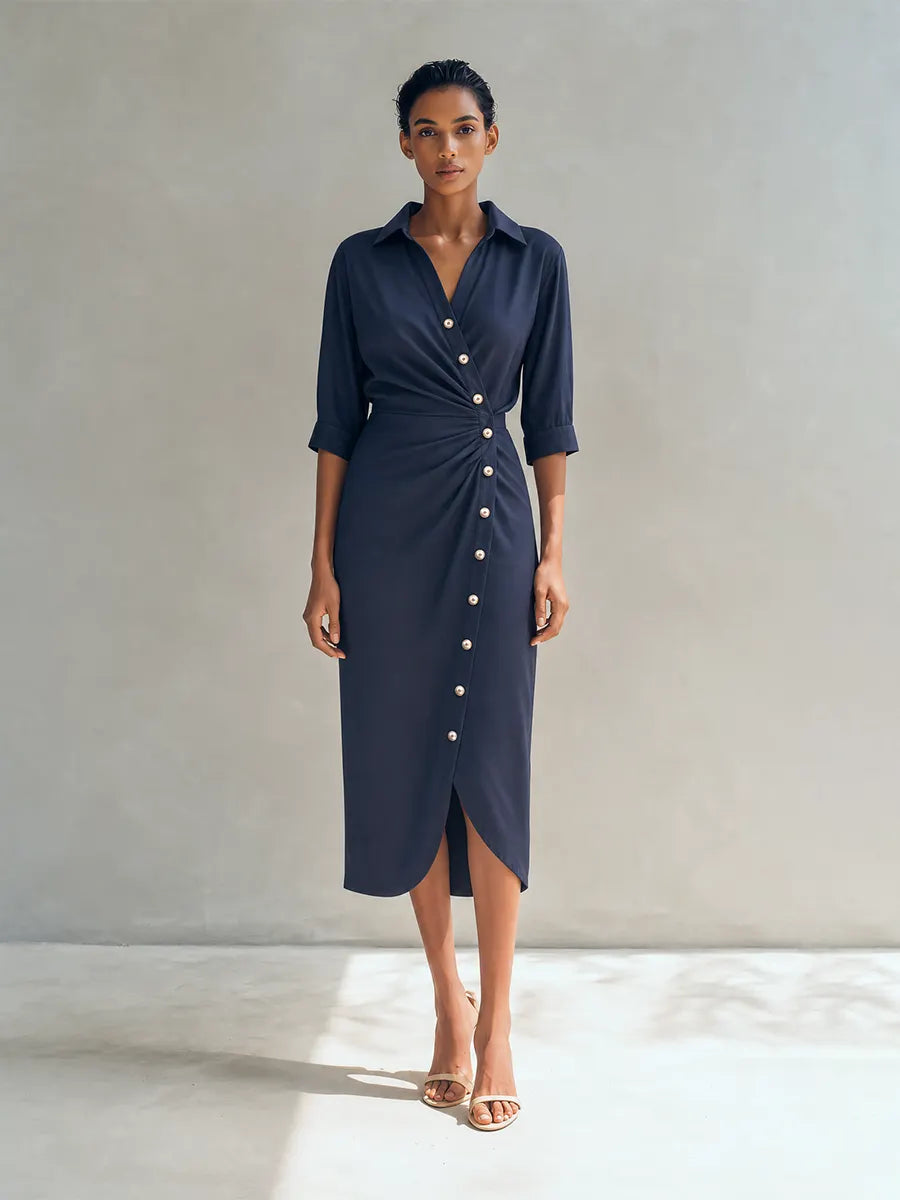 Women's Elegant Navy Blue Collared Half Sleeve Ruched Waist Pearl Button Wrap Midi Shirt Dress MDZ1538G4ZSQ