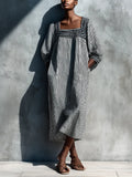 Women's Black White Vertical Stripe Linen Square Neck Puff Sleeve Pocket Loose Midi Dress MDZ0881G8YZJ
