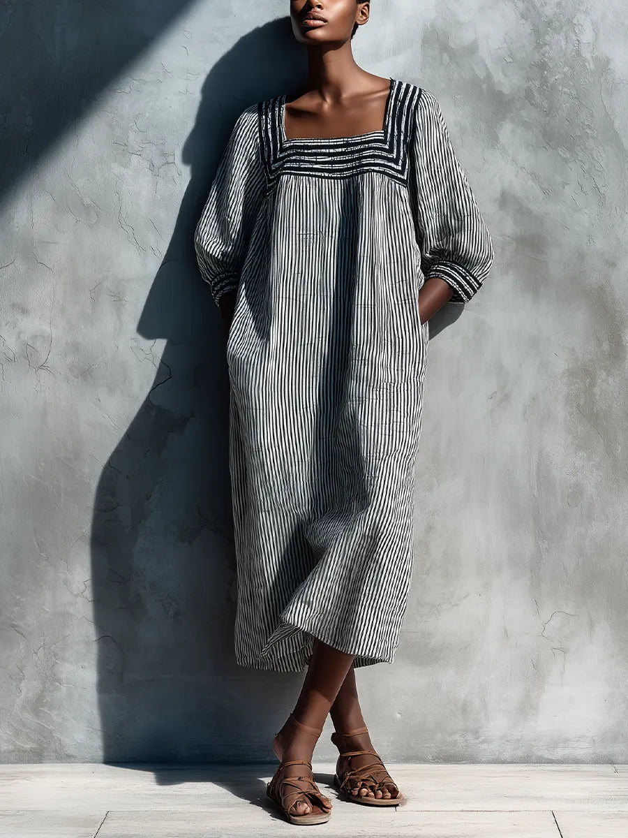 Women's Black White Vertical Stripe Linen Square Neck Puff Sleeve Pocket Loose Midi Dress MDZ0881G8YZJ