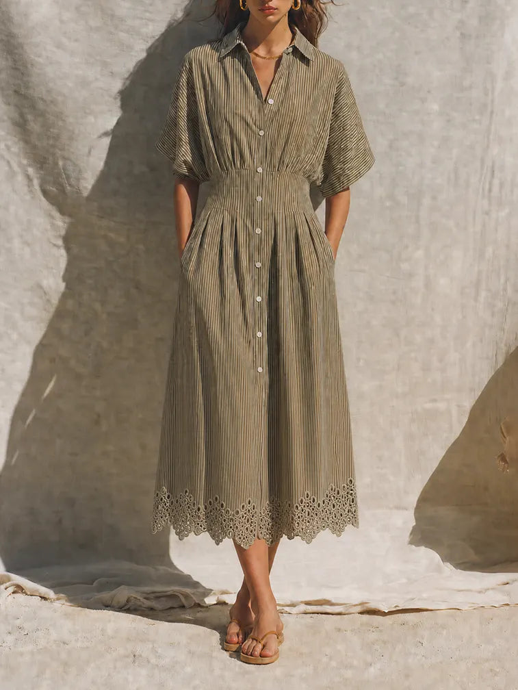 Women's Mediterranean Style Khaki Cotton Blend Striped Collared Button-Front Short Sleeve Eyelet Hem Midi Shirt Dress MDZ0780G9ZSQ