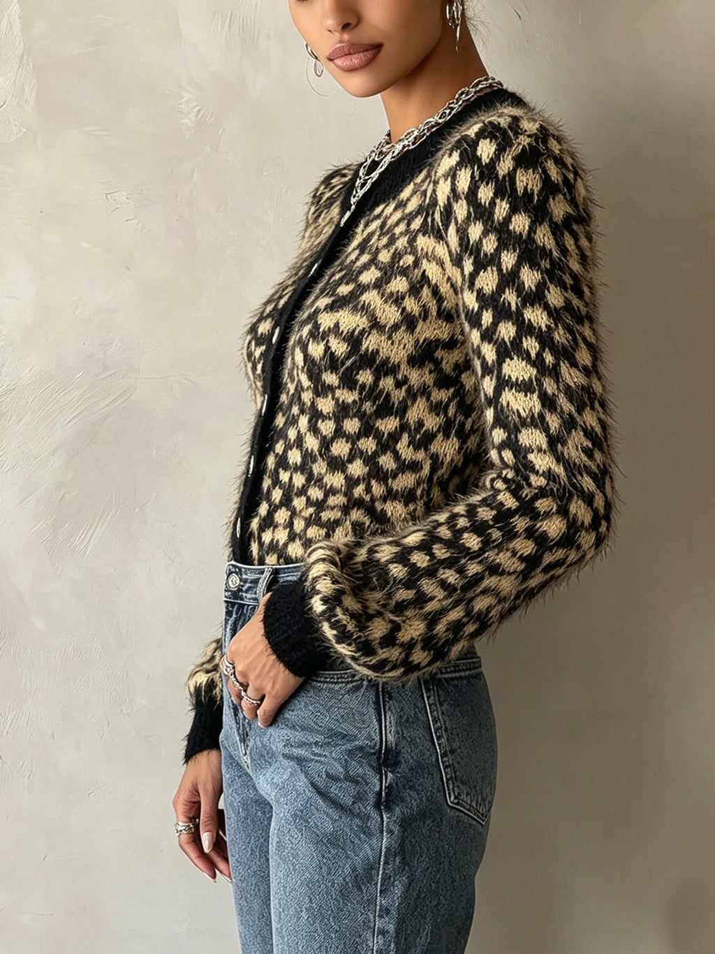 Leopard Fuzzy Button-Front Knit Cardigan