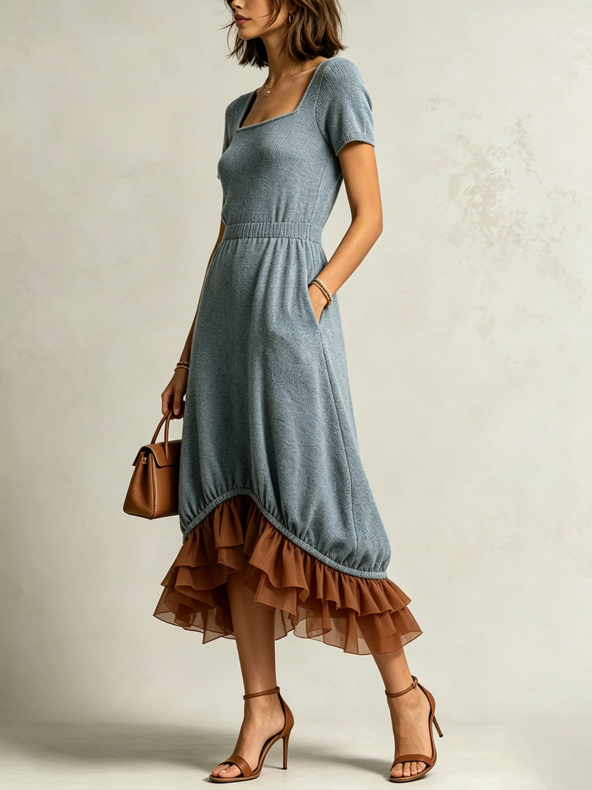 Blue Knit Midi Dress With Square Neckline And Ruffled Brown Hem